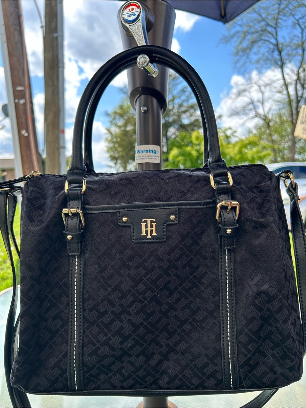 Tommy Hilfiger Black Logo-Pattern Satchel with Gold Hardware